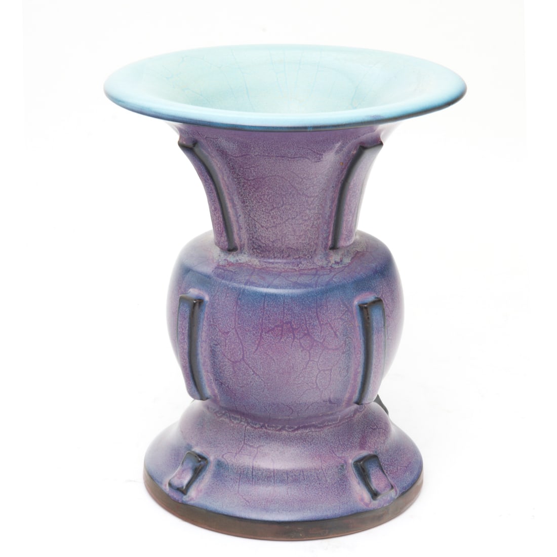 Chinese Jun Archaistic 'Zun' Vase: Chinese Jun Archaistic 'Zun' Vase. Finely potted with a highly splayed foot rising to a bulbous body to a broad trumpet neck, the foot, body, and neck each set with four vertical flanges, covered over