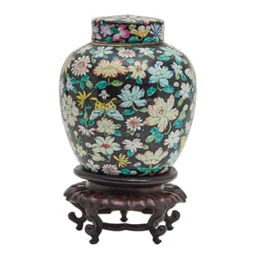 Chinese Famille Noir Porcelain Ginger Jar with Butterfly and Flower Motif