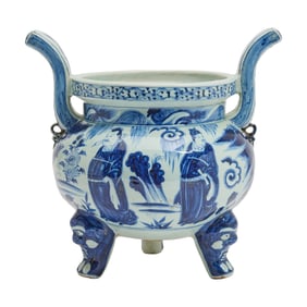 Chinese Blue and White Yuan Style Porcelain 'Figures' Tripod Censer