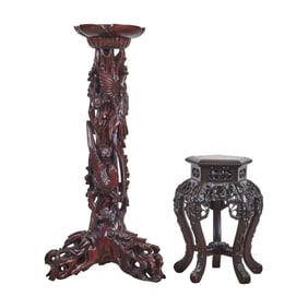 (Lot of Two) Chinese Carved Low Pedestal with Marble Inset Top, and a Japanese Carved Floral