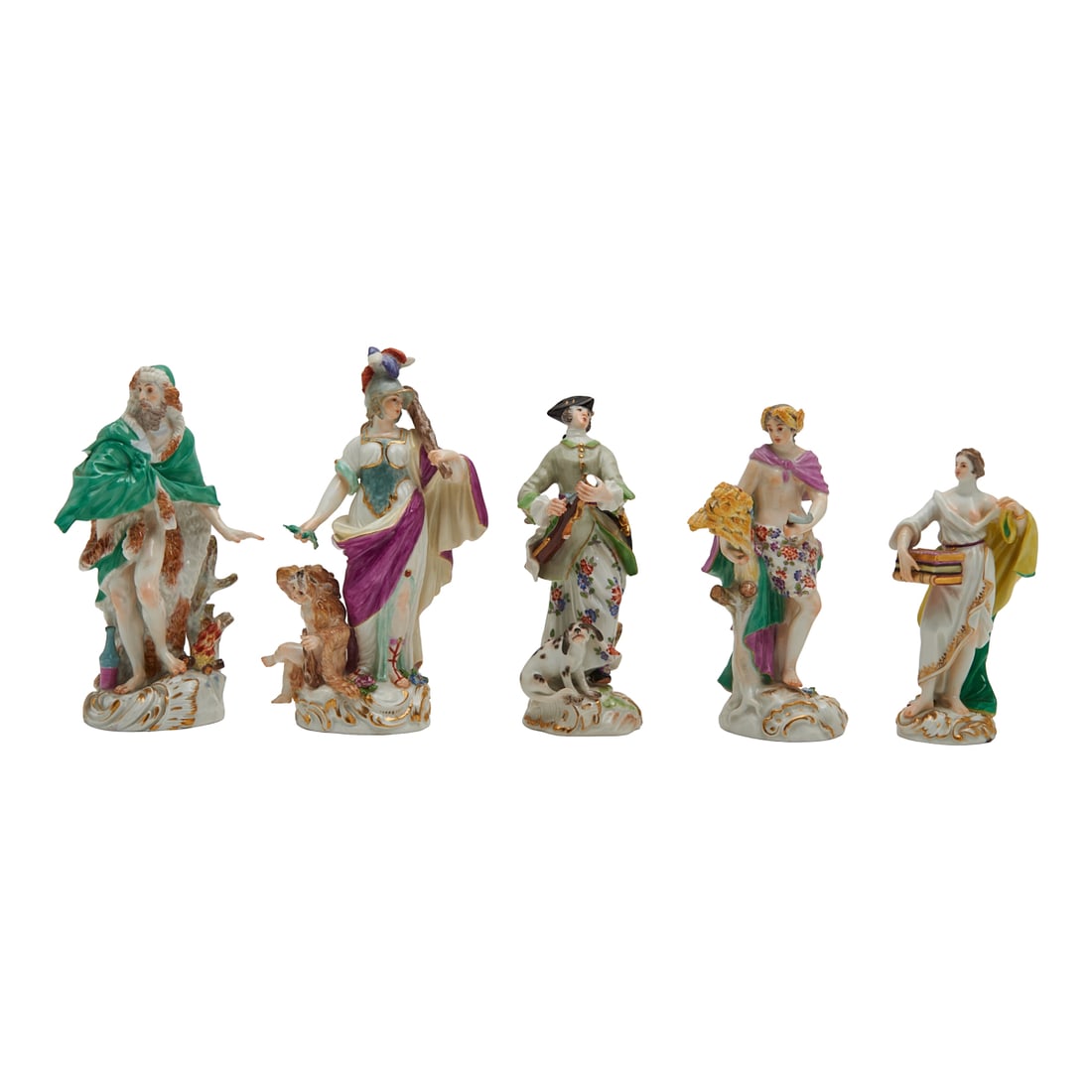 Five Meissen Porcelain Figures Including Seasons: Five Meissen Porcelain Figures Including Seasons, comprising Winter, modelled with green wrap, Minerva, with club, Autumn, with wheatsheaves, female Hunter, with rifle, and a female figure allegorical