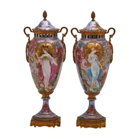 Pair of Art Nouveau Style Painted Porcelain Urns