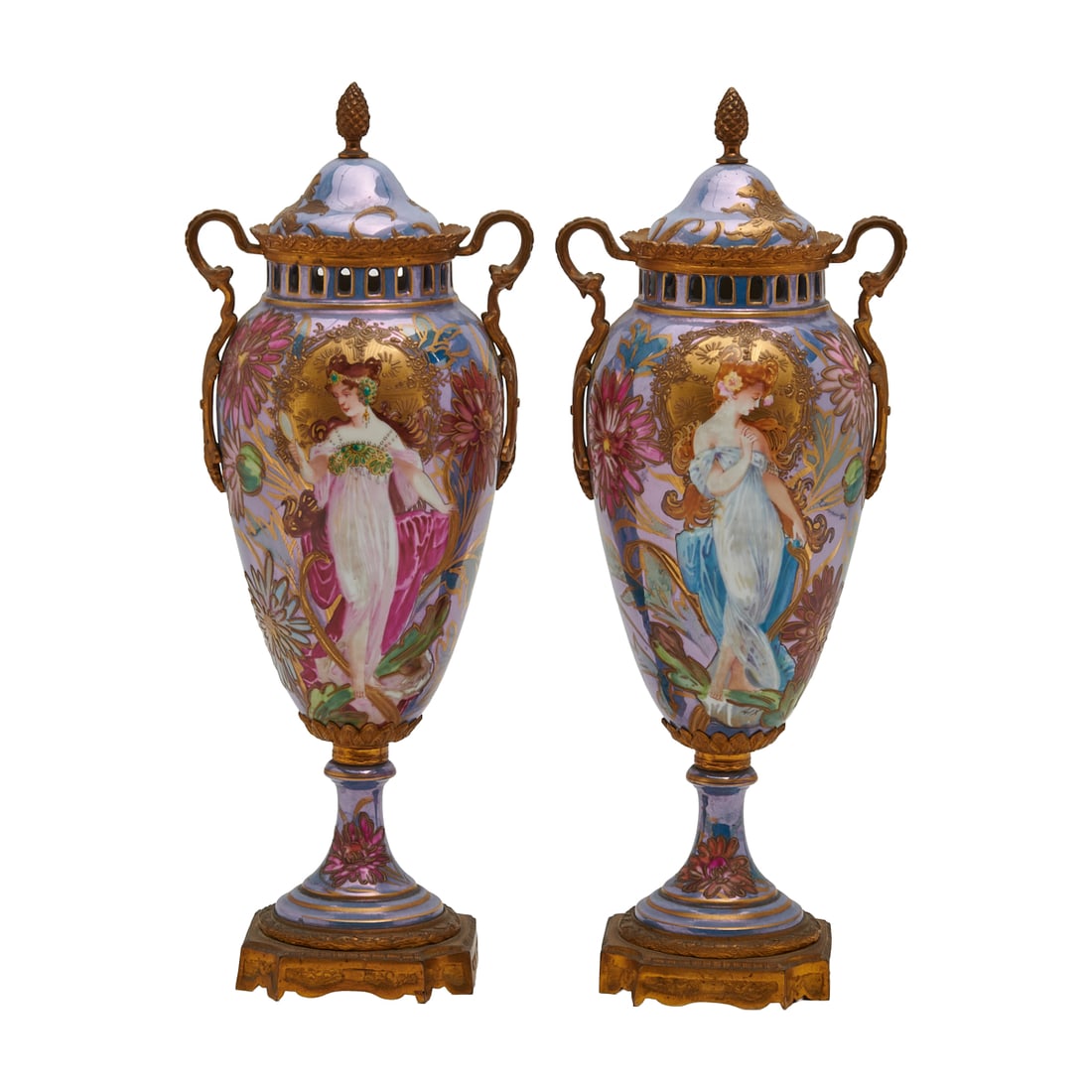 Pair of Art Nouveau Style Painted Porcelain Urns: Pair of Art Nouveau Style Painted Porcelain Urns, of tapering cylindrical form and with domed covers, and gilt metal handles, and mounts, painted with beauties in period attire, foliage and flowerhead