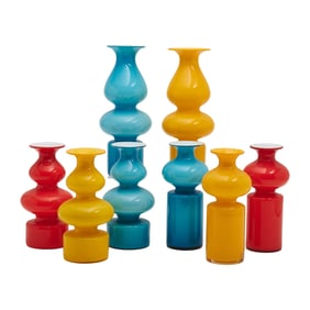 Eight Holmgaard Colored Glass Vases