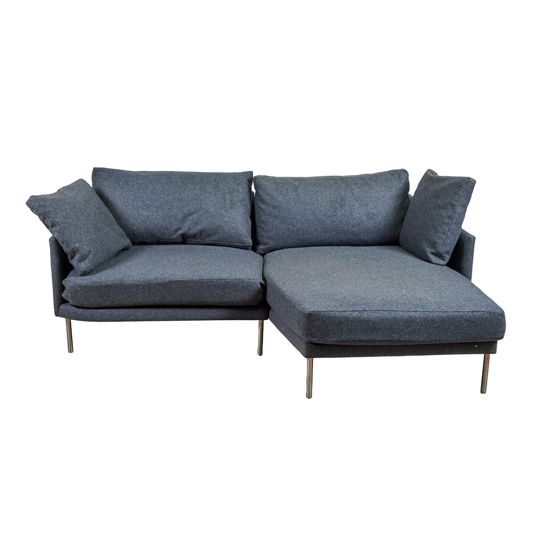Jeffrey Bernett and Nicholas Dodziuk for DWR Grey Flannel Sofa and Love Seat: Jeffrey Bernett and Nicholas Dodziuk for Design Within Reach ;Camber Collection; Grey Wool Sofa and Love Seat. Circa 2015. {Approximate dimensions with back cushions: 34; high x 81 1/2; wide x 57; dee