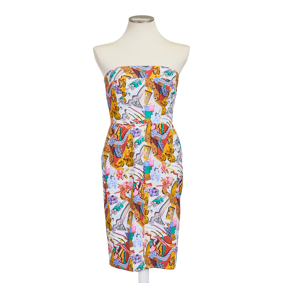 Fendi Roma 365 Strapless Silk Dress: Fendi Roma 365 Strapless Silk Dress, multicolor floral and geometric print silk dress with nylon lining. Darted front and pockets.Size 42. Retailed by Neiman Marcus. Original tags, 1973. {Approximate