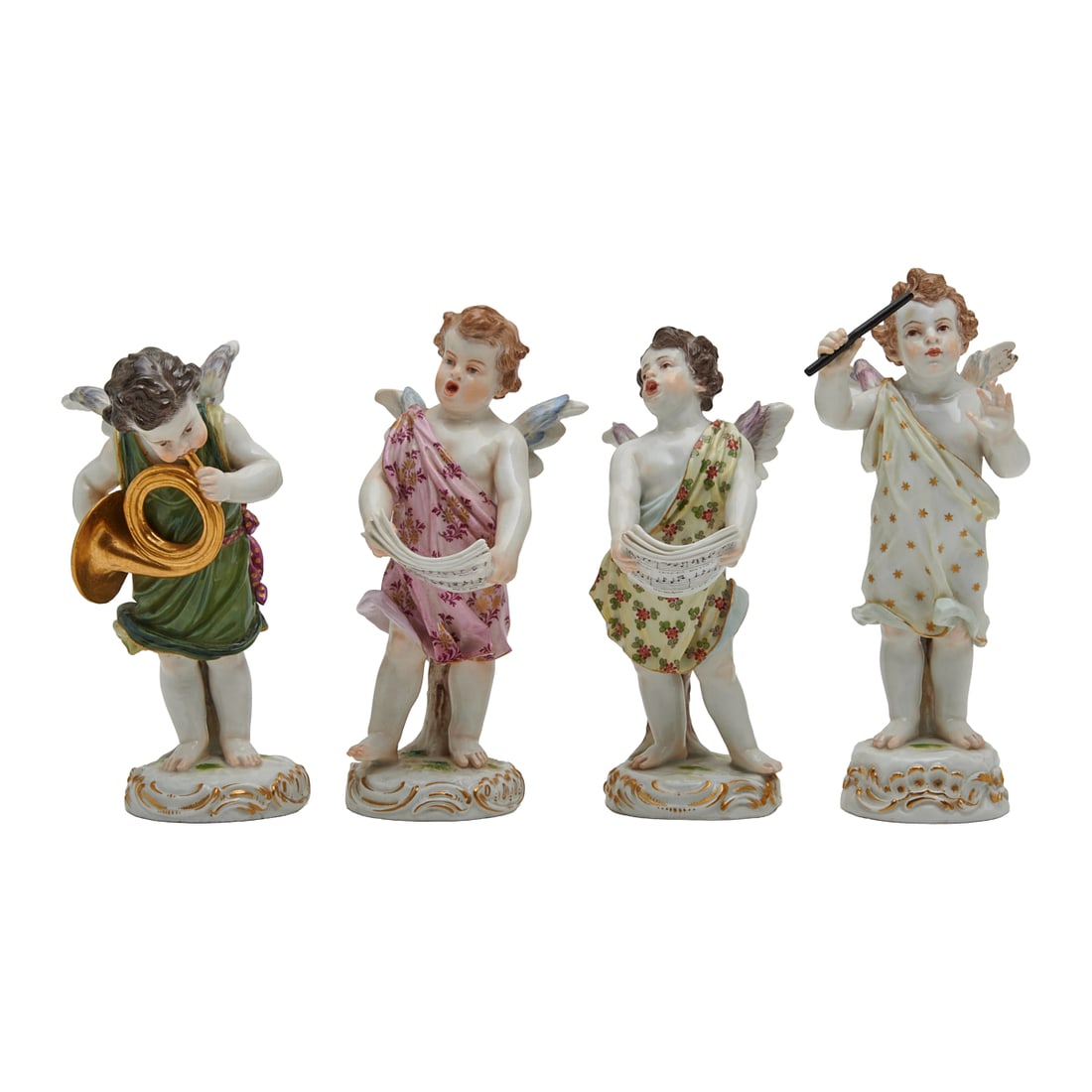 Four Meissen Porcelain Putti Band Players: Four Meissen Porcelain Putti Band Players, comprising the conductor, two singers with sheet music, and the French horn player, all standing on low mounded rococo style bases. Painted in polychrome ena