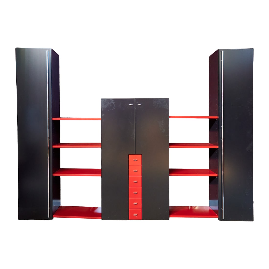 Interlubke Contemporary Modern Wall Storage Unit, Germany: Interlubke Contemporary Modern Wall Storage Unit, Germany, lacquered red shelves between veneered tall or lower cabinet doors. Also six small drawers. Chrome hardware. {Approximate dimensions: 84; H.