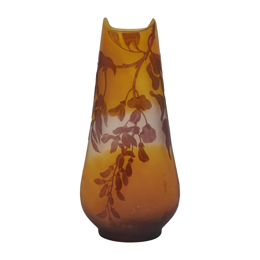 Cameo Glass Wisteria Vase Marked for Galle: Cameo Glass Wistera Vase Marked for Galle, of flaring ovate form, with pulled sides to mouth, carved with flowers in descending clusters, on vines. Carved with signature to reverse. {Approximate dimen
