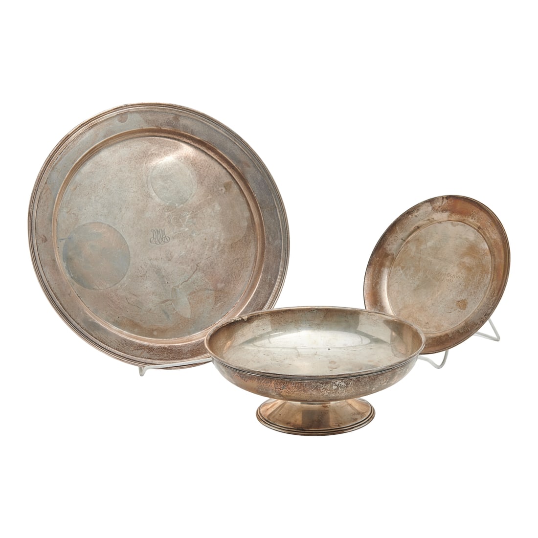 Three Tiffany and Co Moore Sterling Silver Serving Articles: Three Tiffany and Co Moore Sterling Silver Serving Articles, including salver tray, dish, and footed bowl. Each with TIFFANY AND CO. MAKERS STERLING SILVER 925 1000 and M for Edward C. Moore (1827-189