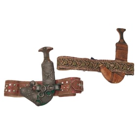 Two Yemeni Jambiya Daggers with Sheathed Belts