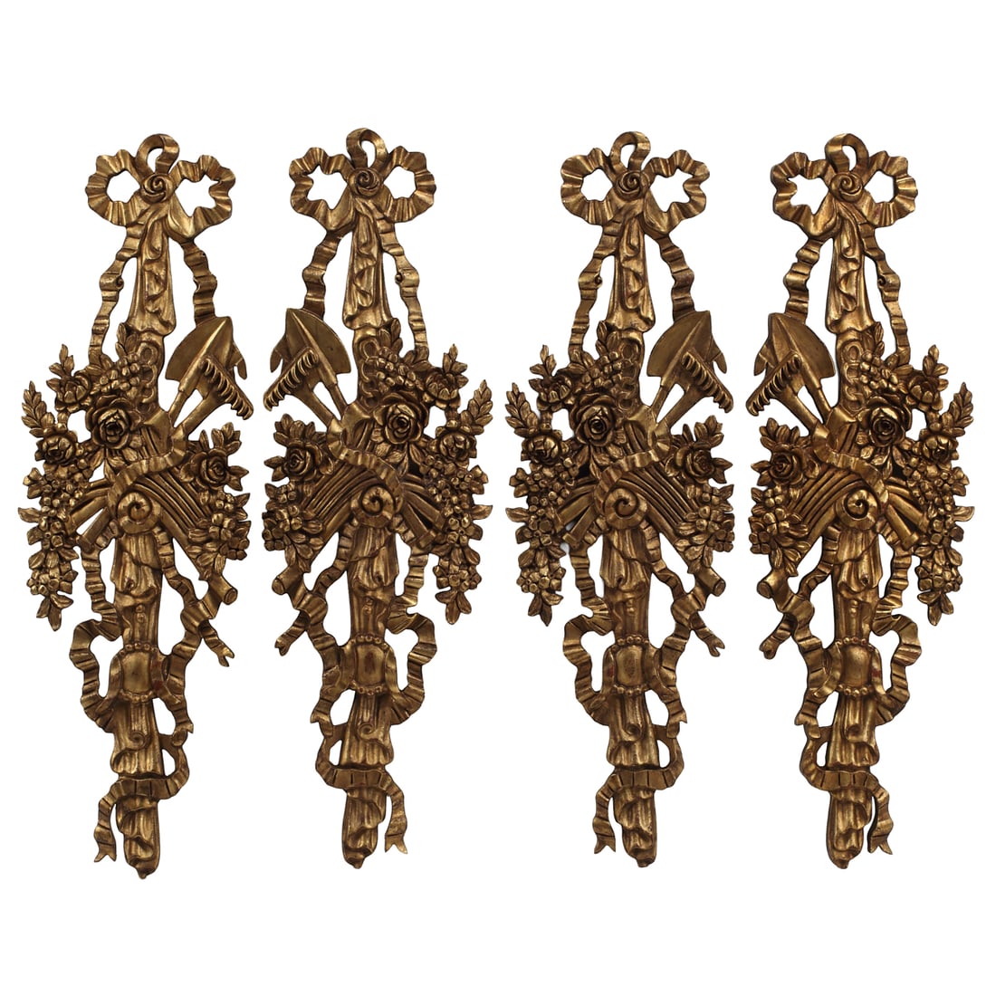 Set of Four French Wood Carved Wall Trophies: Set of Four French Wood Carved Wall Trophies (Approximate dimensions: 47 high x 15 inches wide).