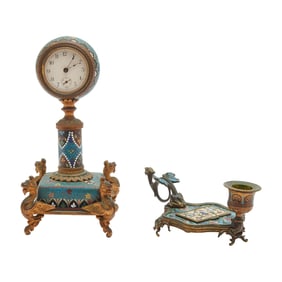 Beaux Arts Cloisonne Desk Clock and Chamberstick