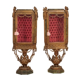 Pair of Louis XVI Style Gilt Bronze and Brass Vitrines on Stands