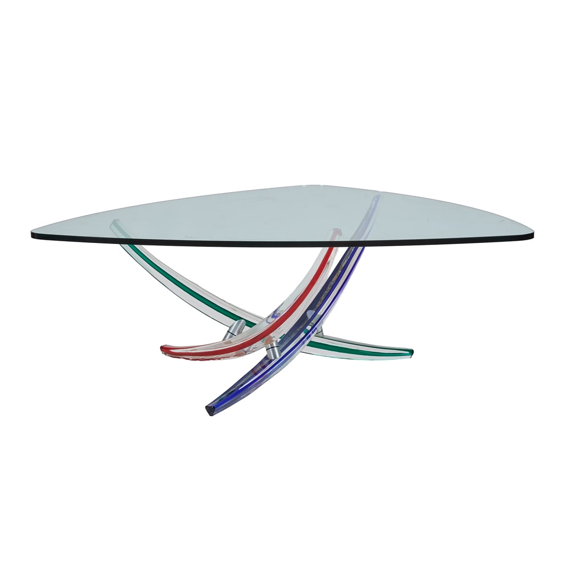 Maurice Barilone for Roche Bobois Glass Table: Maurice Barilone for Roche Bobois Glass Table, the clear triangular top above cast colored and clear glass inverted arched forms. Circa 1985. {Approximate dimensions: 16 1/2; H. x45 1/2; W. x 47; D.}.