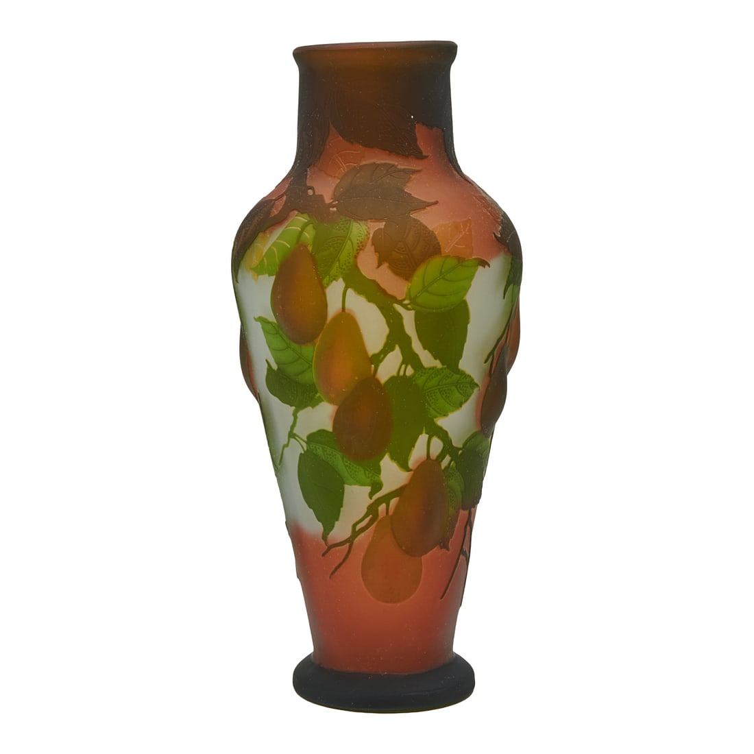 French Cameo Glass Vase Signed for Galle: French Cameo Glass Vase Signed for Galle, carved with fruit on trees, in silhouette. Signed for Galle toward lower part of vase. {Approximate dimensions: 12; high x 5 1/2; wide.}.