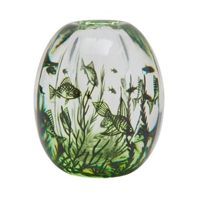 Edward Hald for Orrefors Fish Graal Glass Paperweight Vase