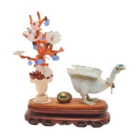 Gem and Stone Inset Chinoiserie Duck, Tree and Egg on Stand