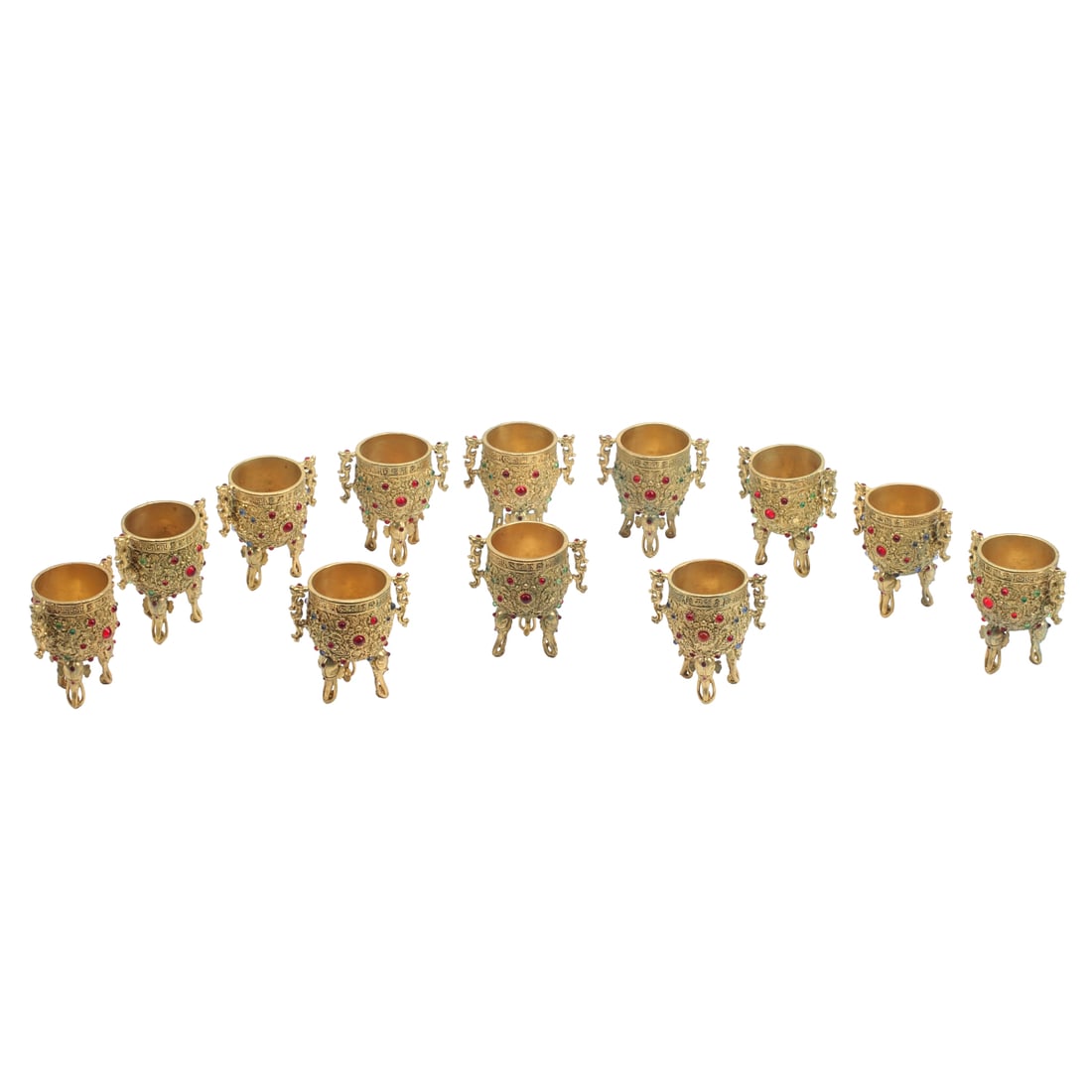 Set of Twelve Gilt and Jeweled Bronze Cups: Set of Twelve Gilt and Jeweled Bronze Cups. {Approximate dimensions: 3" H. x 3" W. x 2" D.}