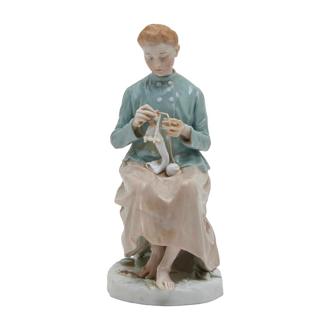 Theodore Eicher Meissen Porcelain Figure Knitting Girl: Theodore Eicher Meissen Porcelain Figure;Knitting Girl.; Theodore Eicher 1868 - 1946. The figure modeled as a seated woman in modest dress, with knittingneedles and wool in hand. To base underside, un