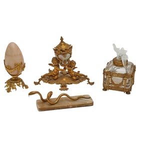 Three Belle Epoque Gilt Bronze Inkwells and Paperweight