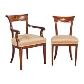 Suite of Ten Regency Style Brass Inlaid Chairs