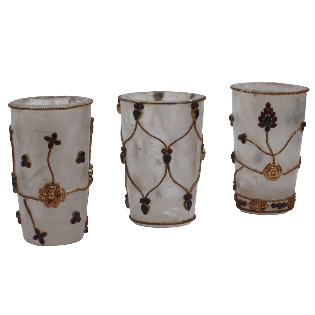 Set of Three Jeweled Rock Crystal Cups: Set of Three Jeweled Rock Crystal Cups with applied decoration. Late 20th Century. {Approximate dimensions: 4; H. x 3; Diameter each}.