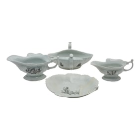 Four Worcester Porcelain Table Articles including Smoky Primitive Printed Sauceboat