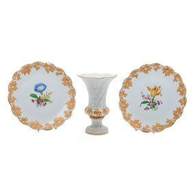 Three Meissen Porcelain Articles Molded with Gilt Leaves