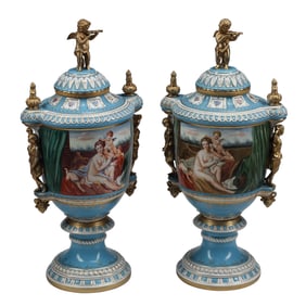 Pair of Sevres Louis XV Style Blue Ground Porcelain Urns