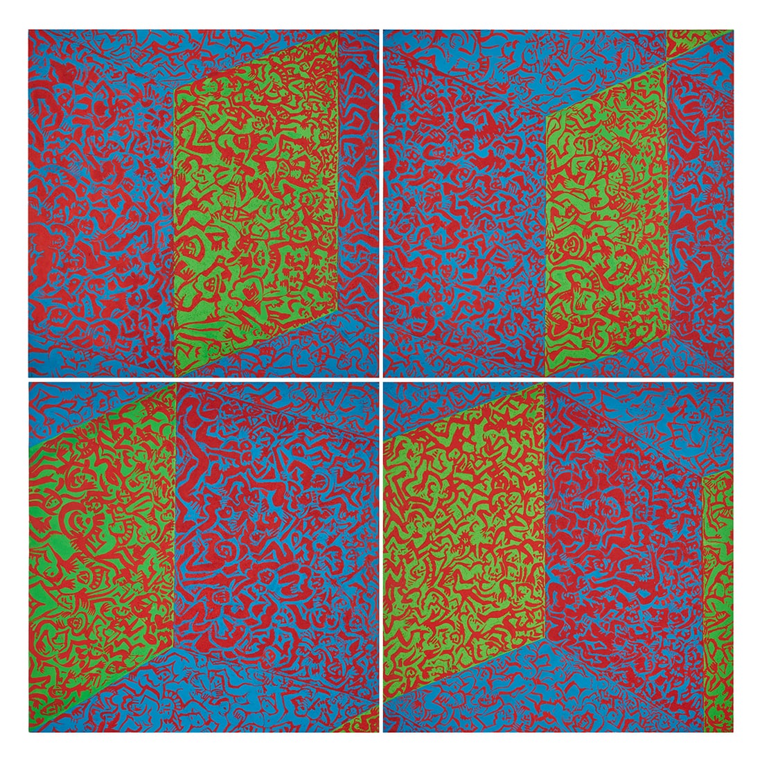 German School, Street Art, Four Piece Mixed Media on Canvas: German School Street Art (circa 1984), fourmixed media workson canvas,[approximate dimensions - each canvas: 39 1/2; H x 39 1/2; W], unsigned; two canvases have paintings on the reverse side depicting