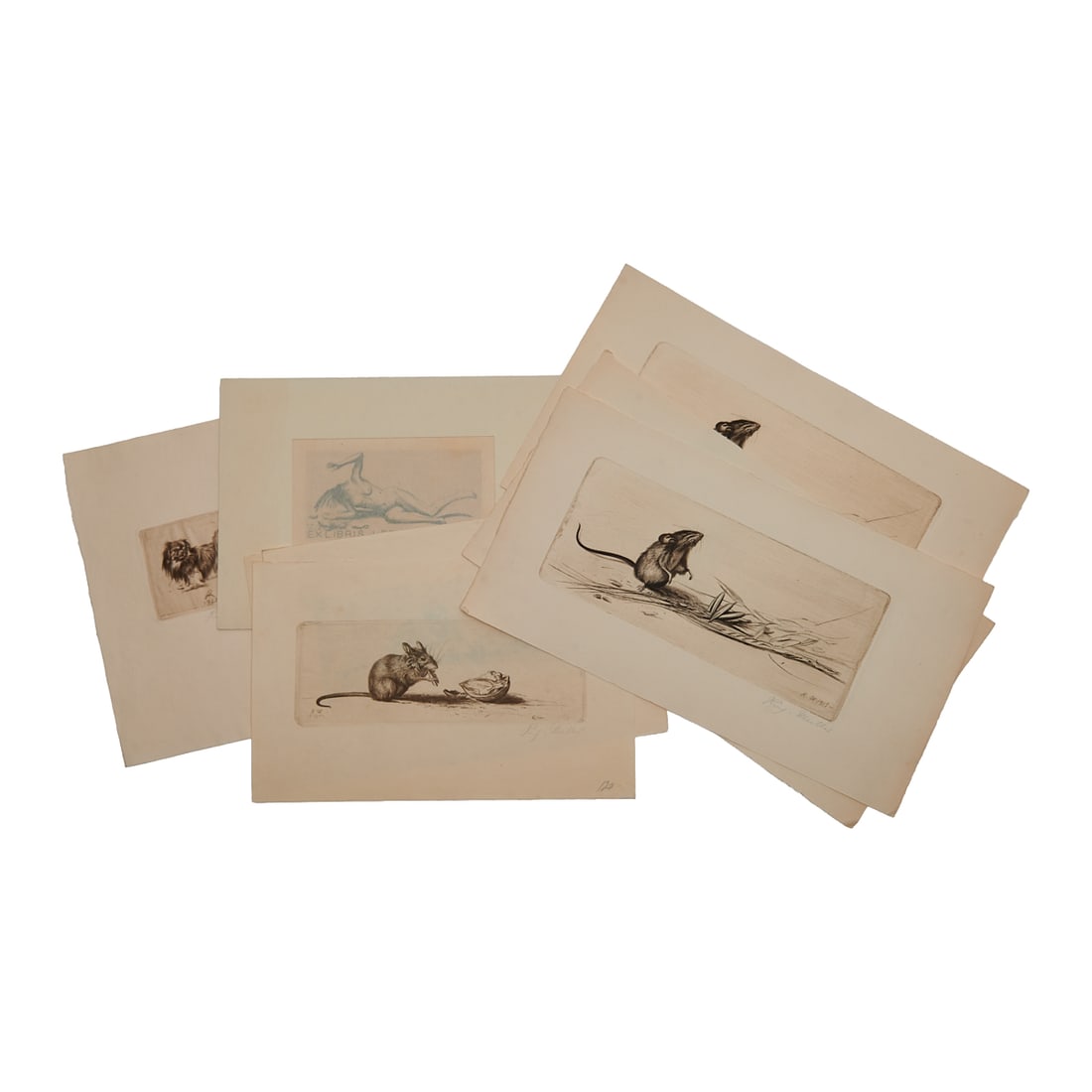 Richard Muller, Group of Eight Etchings: Richard Muller (German, 1874-1954), eight etchings, (i) three ;Mause Mit Nub,; (Mouse with Nub)1910, Gunther: 58, signed lower right;(ii) ;Ex Libris Leonard Fanto,; 1911, Gunther: 63, signed lower rig