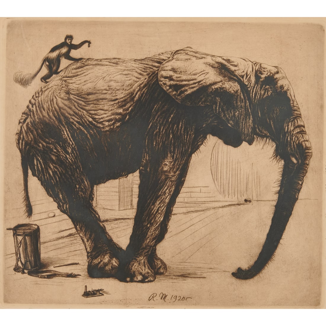 Richard Muller, Elephant, Etching: Richard Muller (German, 1874-1954), ;Das größte und das kleinste Säugetier,; (The Largest and Smallest Mammals), 1920, Gunther: 105, etching, [approximate dimensions - plate: 15; H x 1