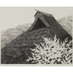 Tanaka Ryohei, Thatched House with Tree, Etching