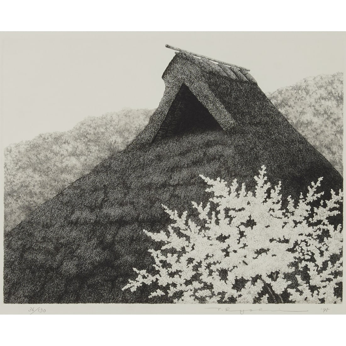 Tanaka Ryohei, Thatched House with Tree, Etching (1 of 5)