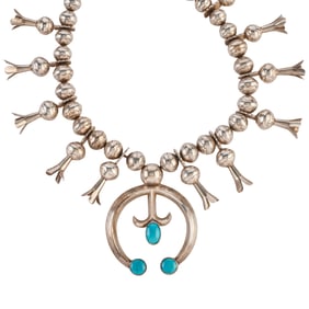 Native American Turquoise, Silver Squash Blossom Necklace