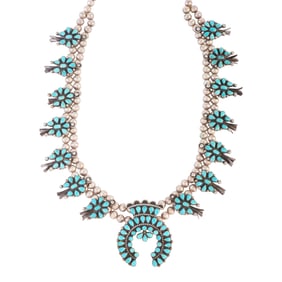 Native American Turquoise, Silver Squash Blossom Necklace