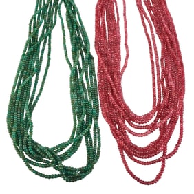 Two Ruby Bead, Emerald Bead Necklaces