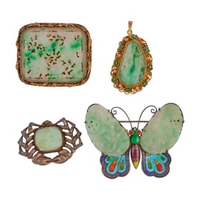 Collection of Four Vintage Chinese Jade, Enamel, Silver Jewelry Items