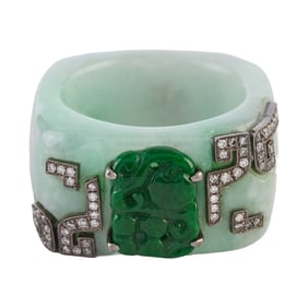 Jade, Diamond, 18k White Gold Ring