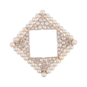 Art Deco Diamond, Cultured Pearl, Platinum Brooch