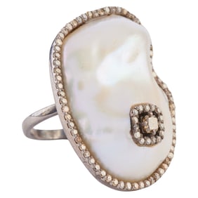 Baroque Cultured Pearl, Diamond, Oxidized Silver Ring