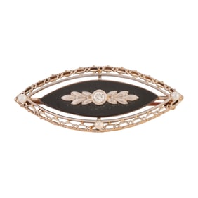 Vintage Diamond, Black Onyx, Seed Pearl, 14k Gold Brooch
