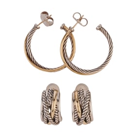 Two Pairs of David Yurman Sterling Silver, Yellow Gold Earrings