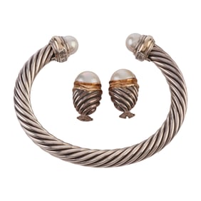 David Yurman Cultured Pearl, Sterling Silver, 14k Yellow Gold Jewelry Suite