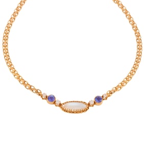 Moonstone, Tanzanite, Diamond, 14k Yellow Gold Necklace