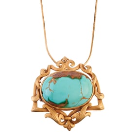 Turquoise, 14k Yellow Gold Pendant Brooch Necklace