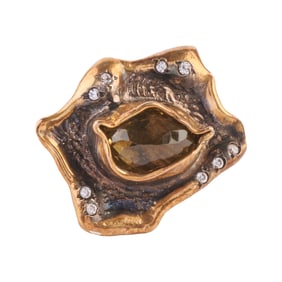 Modernist Quartz, Diamond, Vermeil, Oxidized Silver Ring