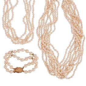 Gump's Cultured Pearl, 14k Yellow Gold Jewelry Suite