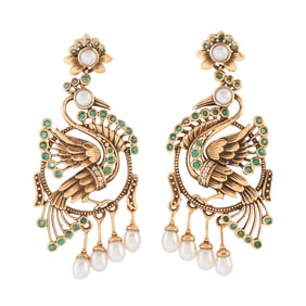 Pair of Emerald, Diamond, Cultured Pearl, 18k Yellow Gold Bird Earrings